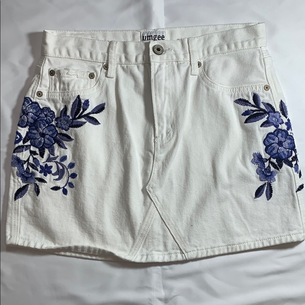 Umgee White Denim Skirt with Blue Floral Embroidery